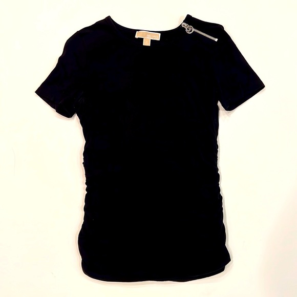 Michael Kors Black Ruched Side Zip Shoulder Short Sleeve Shirt Womens Small EUC - Picture 1 of 7